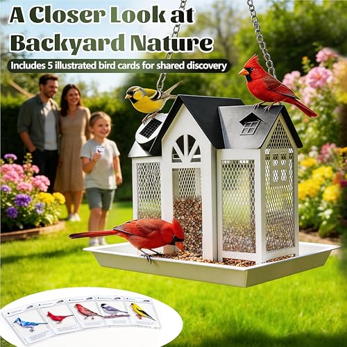 Solar Bird Feeder for Outdoors Hanging –Bird Feeders with Solar Light | Heavy Duty Metal Wild, with 5 Bird ID Cards, Chew Resistant Seed Feeder for Cardinal, Unique Gifts for Mom