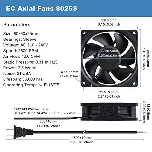GDSTIME 80mm EC Axial Fan AC 110V 120V 220V Brushless Cooling 80mm x 25mm | AXIAL 8025, Muffin Fan, 80V-240V, 2.5W Low Power, ON/OFF Switch, for Incubators, Tube Amp, DIY Ventilation Exhaust Projects - size: 80x80x25mm