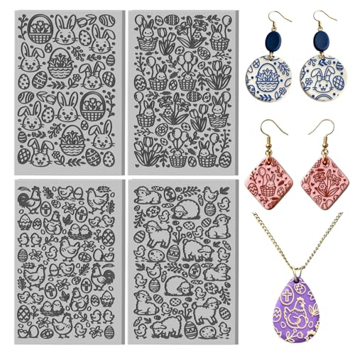 CHGCRAFT 4 Sheets Easter Bunny Clay Texture Mat Easter Basket Pattern Polymer Clay Texture Sheets DIY Tools for Pottery Earring Jewelry Making Stamp Engraving Machines, 3.9x2.6inch - style: Bunny and Basket