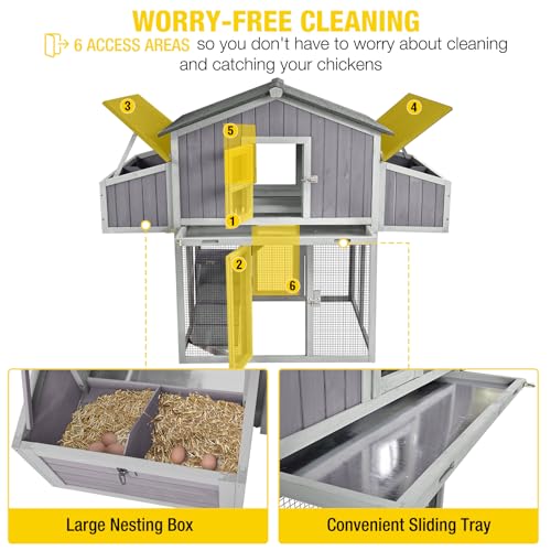 Aivituvin Large Chicken Coop for 4-6 Chickens, Raised Outdoor Wooden Chicken House with Unique Folding Design, 2 Nesting Boxes, Easy Clean Pull-Out Tray, Waterproof Asphalt Roof - Grey - size: 69.8"L x 42.0"W x 54.6"H