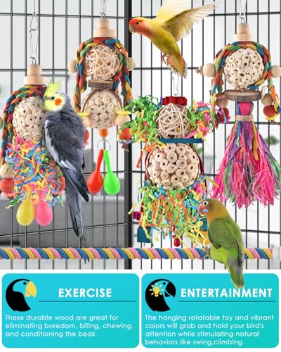 Bissap Conure Toys, 5 PCS Bird Foraging Shredder Hanging Swing Rope Perch Toys Sola Balls with Sand Hammer for Small Parrots Parakeets Conures Cockatiels Love Birds Cage Toy - size: 5 PCS