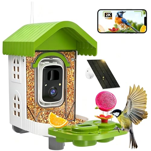 Smart Bird Feeder with Camera Solar Powered, AI Species Identification, 2K HD Video, Instant Arrival Alerts, Weatherproof Design for Outdoor, Best Gift for Bird Lovers(Green) - color: Green