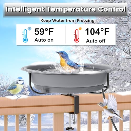 Heated Bird Bath for Outdoors,Deck Railing Heated BirdBaths,Grey | Upgraded 100W,Thermostatically Controlled,Adjustable Clamp 3.2",Easy Clean/Install,Detachable Bowl,Garden Yard Patio Lawn - color: Gray
