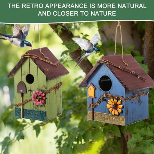 DoubleFill 2 Pcs Birdhouses for Outdoor Hanging Yard Outside Wooden Birdhouse Hand Painted Bird Box for Bird Lovers Bluebird Tree Garden Decor Decorative Birdhouse(Red,Blue,Wooden Roof) - color: Red,Blue, size: Wooden Roof