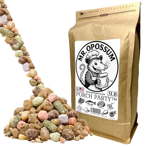 Porch Party Mix™ Raccoon and Opossum Food Wildlife Treat Blend for Backyard Feeding with Marshmallows Beef Chicken Lamb Ocean Fish and Peanut Butter Puffs (3 lb Pouch) - size: 3 Pound (Pack of 1)