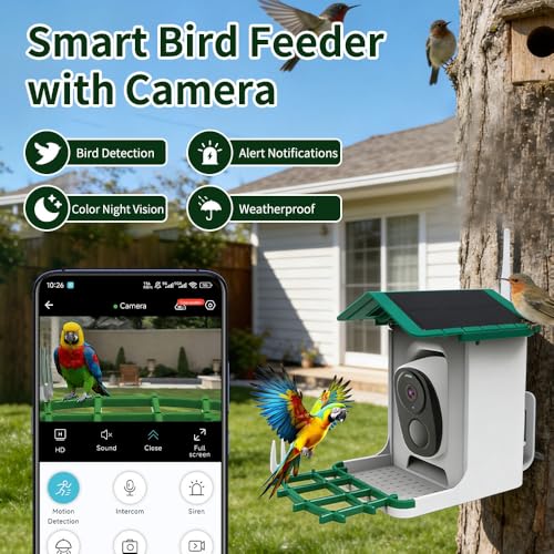 Smart Hanging Bird Feeder with Camera Solar Powered & AI Bi rd Identification, 2.4Ghz WiFi Bird feeders for Outdoors,2.1L Capacity, IP65 Waterproof,Mobile Remote Control,Full-ColorNight Vision