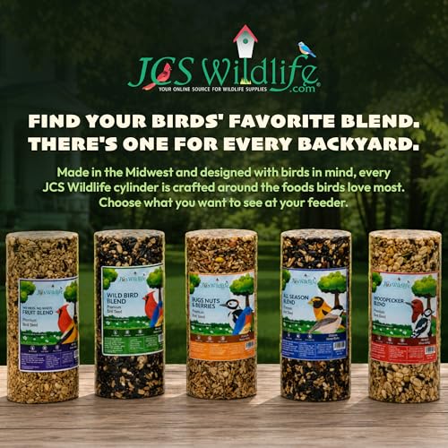 JCs Wildlife No Mess No Waste Fruit Blend Bird Seed Cylinder with Hole, Hull Free Wild Bird Food for Outside Feeders, Cardinals Woodpeckers Chickadees Nuthatches Wrens, Made in the USA, 2 lb, 12 Count - size: 2.67 Ounce (Pack of 12)