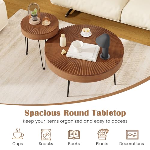 COSTWAY Farmhouse Round Coffee Table Set of 2, Rustic Sofa Side Tea Tables w/Wood Finish, Metal Frame, Adjustable Foot Pads, Nesting End Table Set for Living Room, Bedroom (Radial Pattern, Brown) - color: Brown, style: Radial Pattern