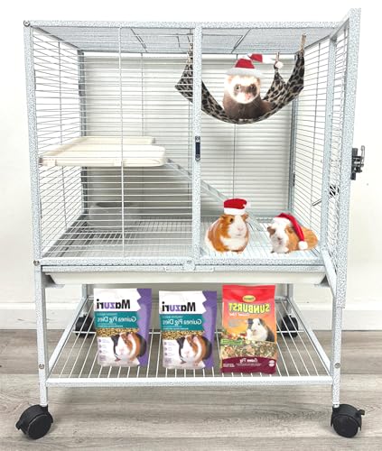 Deluxe 2-Levels Large Small Animal Critter Cage On Wheels | Tight 1/2-inch Wire Spacing, Durable Large Front Doors, For Ferret Hammock Chinchilla Cat Sugar Glider, Home Storage Shelf - color: White Vein, size: 24" x 17.5" x 34"H