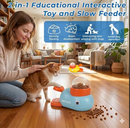 Anxuyixin2-in-1 Duck Shaped Interactive Pet Puzzle Toy, Slow Food Dispenser (Yellow Duck and Blue Whale Shaped with Buttons), Cat and Dog Snack Dispenser Feeding Toy - color: Yellow and light blue