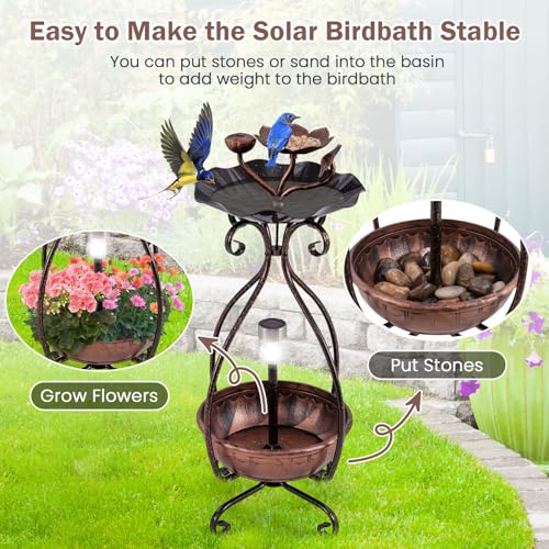 Giantex Bird Bath with Planter - Solar Lighted Bird Bath for Outside with Bird Feeder, Lotus Water Bowl for Bathing, Flower Planter with Drainage Holes, Standing Birdbath for Garden Yard (Bronze) - color: Bronze