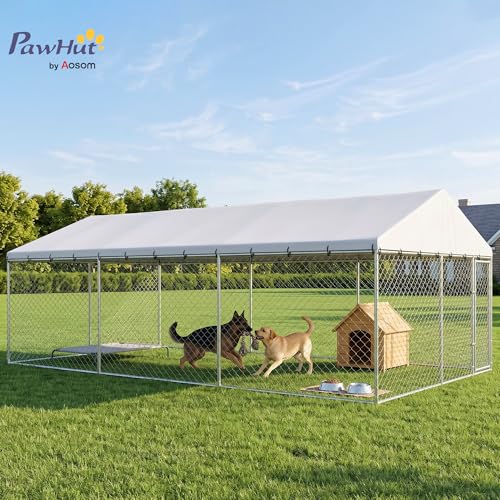 PawHut Outdoor Dog Kennel, 20' x 10' x 7', Waterproof Roof for Large Dogs | Heavy Duty Galvanized Chain Link Pet Enclosure, 2 Secure Lock for Chicken, Duck - size: 240.0"L x 240.0"W x 84.0"H