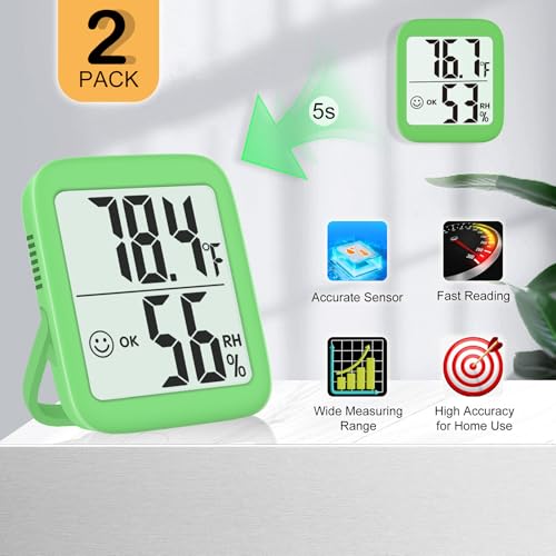 2 Pack Room Thermometer Indoor Hygrometer | Monitor Temperature & Humidity, Accurate, Fast Read, Easy To View, Magnetic/Kickstand/Hanging, ℉/℃, w/ Battery, Compact - color: 2 Pcs* Natural Green