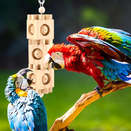 2 Pcs Wooden Bird Chew Toys for Beak Grinding, Hanging Parrot Rotating Wood Block with Bell Parrot Foraging Enrichment Toy for Parakeet, Cockatiel, Conure