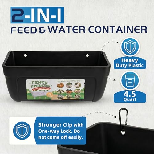 Hanging Chicken Feeder Waterer Heavy Duty BPA-Free Plastic Feed Trough, Fence Mount Livestock Feeding Bucket, Backyard Poultry Farm Supplies for Duck, Turkey, Goat, Sheep, 2 Pack, Black - color: Black