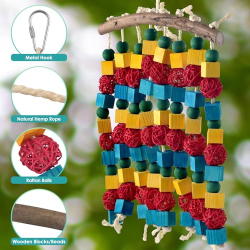 DBNESS Large Parrot Toys, 17.7 inch Multicolored Natural Wooden Blocks Beads Rattan Balls, Bird Chew and Hanging Tearing Toys for Large Medium Birds Macaws African Grey Cockatoos Amazon Parrots - style: Large Birds 8 strings