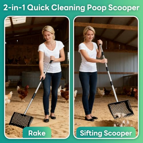 Oture Chicken Poop Scooper & Rake 2-in-1, Metal Chicken Coop Scoop Shovel for Poop, 24 to 66'' Adjustable Handle Litter Scooper Sand Sifting Shovel for Coops/Goat Stall/Farm Animals