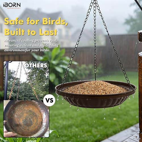 iBorn Hanging Bird Feeder Tray, 2.5LB All Metal Wild Bird Feeder for Outdoor Backyard Garden, Squirrel Chew Proof and Rust Resistant Feeder Bowl with Drainage Holes, Bronze, Pack of 1