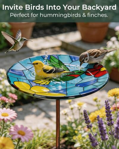 Glass Bird Bath Small Birdbath for Garden Decor, Blue | 10.6" Bowl, 26" Height 4-Prong Stable Stake Easy to Clean Outdoor Bath or Feeder for Hummingbirds & Small Birds, Handcrafted