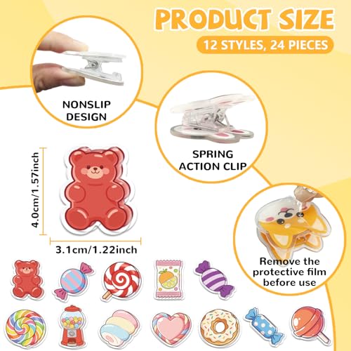 MAYJOYDIY 24Pcs 12 Styles Candy Donut Acrylic Chip Clips Lollipop Marshmallow Twist Bag Sealer Sealing Closures Cute Bear Gumball Machine Bag Clips for Food Storage Airtight Seal Grip - style: Candy