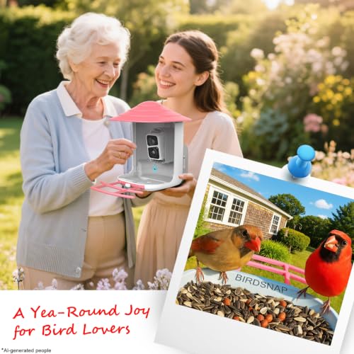 birdsnap® TUC Bird Feeder with Camera Solar Powered 2K Video with 32GB Card | AI Bird Species Identification, Squirrel-Proof, IP65 Waterproof, Outdoor Wireless, 2.4G WiFi, Gift for Mom Dad Bird Lovers - color: Pink