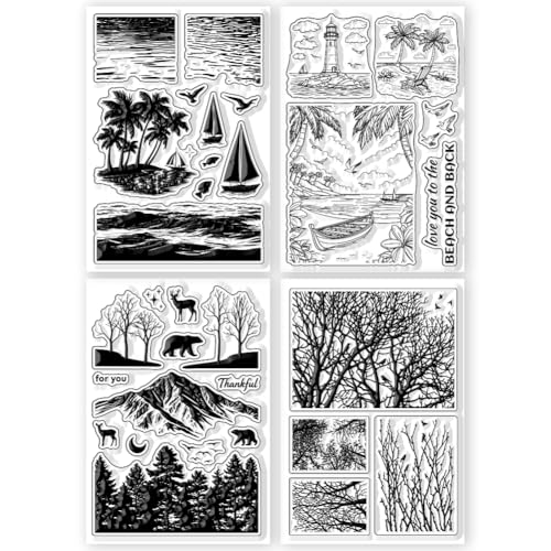 CHGCRAFT 4 Pcs Landscape Silhouette Pattern Clear Stamps Tree Branches Seaside Beach Silicone Stamp Seal for DIY Scrapbooking and Card Making Paper Craft Decor 6.3 × 4.3 Inch - style: Landscape Silhouette