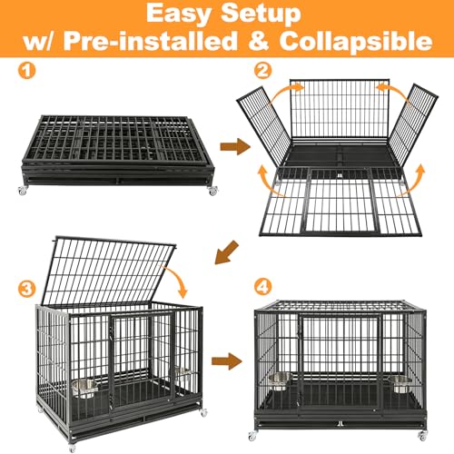 Homey Pet Two Tiers Heavy Duty Dog Crates for Large Dogs, 8 Pack | 47 Inch Stackable Large Dog Crate Cage with 4 Wheels, 2 Removable Trays and Grids, Multi Locks Strong & Solid Escape Proof - size: 47"L-2 Tiers-8P