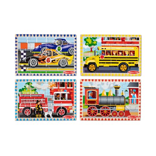Melissa & Doug 4‑in‑1 Wooden Vehicle Jigsaw Puzzle Set, 48 Pieces with Storage Box, Toddler Puzzle Toy for Kids Ages 3+- FSC Certified - style: Vehicles