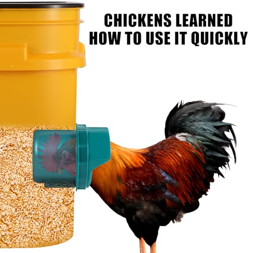 Chicken Feeder No Waste, 6 Ports Automatic Poultry Feeder with Covers & Hole Saw, Rain Proof Chicken Feeder Port for Buckets, Bins & Barrels - color: Green