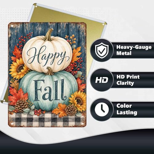 Happy Fall Teal White Pumpkin Pinecone Tin Sign Rustic Buffalo Plaid Wall Art for Entryway Kitchen Dining Room Living Room and Farmhouse Home Decor 16 * 12In - color: Vintage Thanksgiving Tin Sign 14, size: 30X40cm(12*16in)