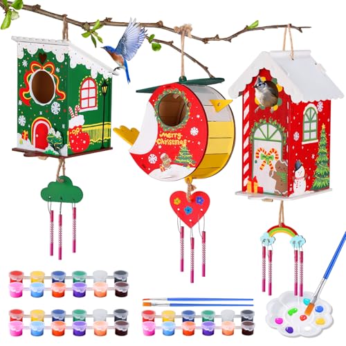 JMMICO 3 Pack Bird Houses Kits for Kids, Wooden Painting Arts and Crafts for Kids Ages 8-12, Build & Paint Your Own Bird Houses and Wind Chime Kits, Toddlers Easter Gifts for Girls Boys - size: 3PCS