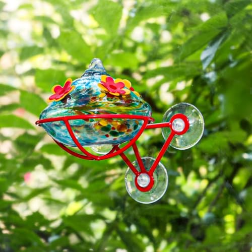 Window Hummingbird Feeder - Hand Blown Glass Mounted Hummingbird Feeder with Strong Suction Cups for Outdoor Window Mount (Blue) - color: Blue