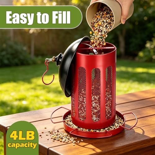 Bird Feeder, 4LB Large Capacity Bird Feeders for Outdoor Hanging | Heavy Duty Metal, 4 Perches, With Drain Holes, Wild Birdfeeder, For Outside Garden Yard Decor, Retro Lantern Shape - color: Red