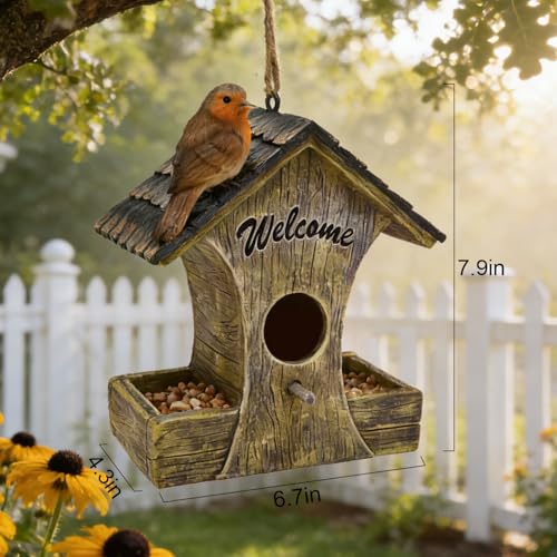 Charming Rustic Bird House with Feeder for Outside Unique Welcome Birdhouses Waterproof Garden Decor Yard Porch Tree Hanging Bird Nest for Bird Lovers Mom Housewarming