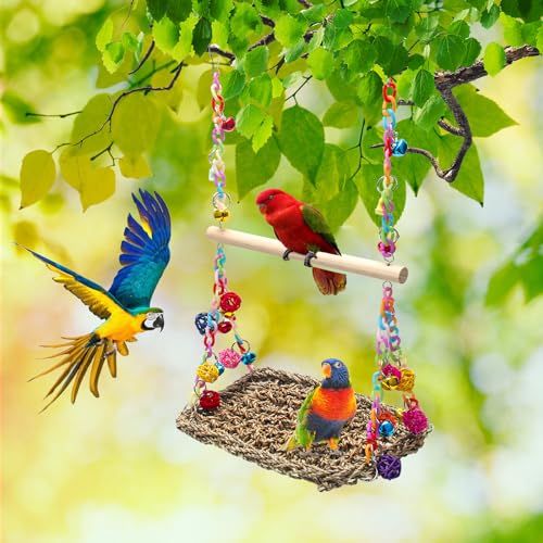 Bird Swing Mat with Wood Perch, AHIER Seagrass Bird Hammock for Conures with Chewing Toy for Parakeets, Budgie, Cockatiel Cage Accessories - color: Light Wood Pole