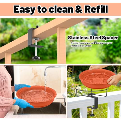 Bird Baths for Outdoors, Rustproof Metal Clamp Birdbaths & Birdfeeder with Detachable Plastic Basin, Outdoor Bird Feeding & Watering Station for Wild Birds Garden Patio Balcony (Brown) - color: Brown