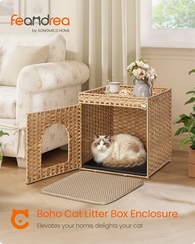 Feandrea Cat Litter Box Enclosure, Handwoven Rattan Hidden Furniture | Extra Mat, Removable Washable Tray, Boho Cat House, End Table, Goose Yellow UPCL024YE01 - color: Goose Yellow, size: S (20.7"L x 20.7"W x 22"H)