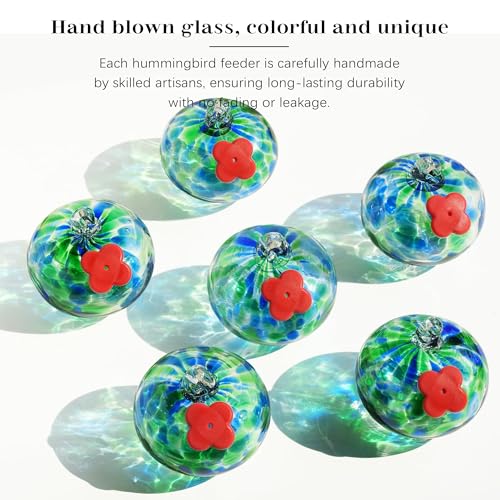 QFkris Set of 6 Blown Glass Hummingbird Feeder for Outdoors Hanging, Small Hummingbird Feeder with Flower Feeding Ports for Outside Garden Backyard Decor, Gardening Gifts for Women Mom(Green) | Blown Glass Hummingbird Feeder for Outside Garden Backyard De
