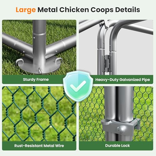 Metal Chicken Coops Walk-in Chicken Run with Waterproof Hardware Cloth Cover Poultry Cage with Split Double Door - color: Silver, size: 120.0"L x 79.0"W x 79.0"H