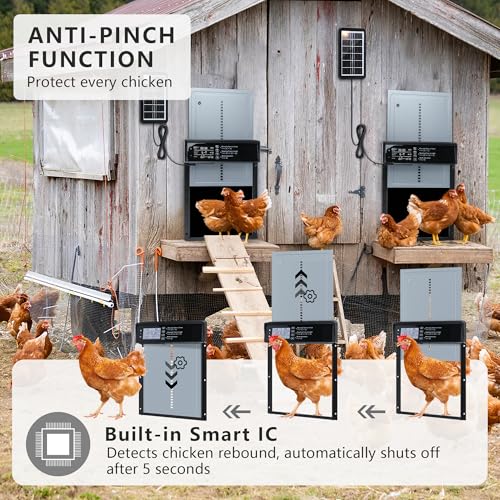 Automatic Chicken Coop Door Solar Powered, LCD Screen Electric Chicken Coop Door with Timer & Light Sensor, 4 Modes Solar Chicken Coop Door, Anti-Pinch & Door Pry Warning Coop Door with Remote Control