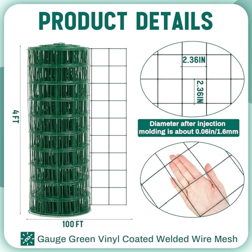 Gisafai 16 Gauge Galvanized Welded Wire Fence 4 ft x 100 ft PVC Coated Hardware Cloth, 2.36" x 2.36" Mesh, Heavy Duty Garden Fencing Roll for Chicken, Dog Yard, Deer Cattle & Animal Protection(Green) - color: Green, size: 4 ft X 100 ft