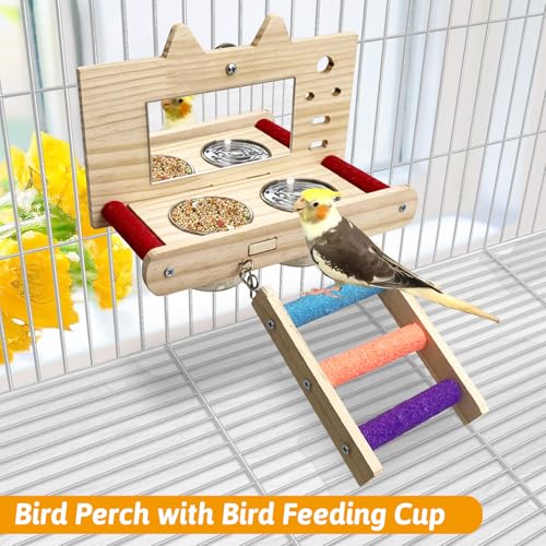 Tfwadmx Bird Food Stainless Steel Cups Wooden Perch Stand with Ladder Hanging Feeder Bowls Feeding and Watering Supplies for Parakeets Conures Cockatiels Budgie Parrot - size: Style 2