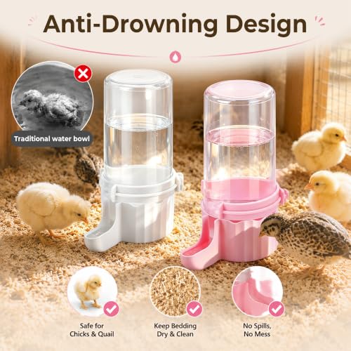 2 Pack Quail Waterer, Leak-Proof & Anti-Drowning Design, 16.7 oz Automatic Gravity Chicks Water Feeder with Hanging Hooks, Easy Clean Transparent Water Dispenser for Quail & Small Birds