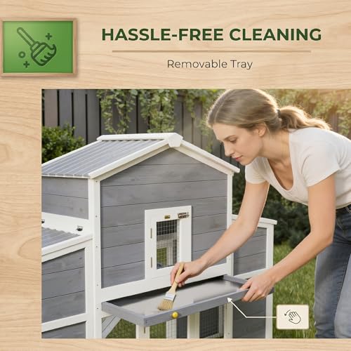 PawHut 66.5" Large Chicken Coop with Waterproof Roof, Ramp for 2-4 Hens | Wooden Chicken House, 2 Nesting Boxes, Sliding Tray, Outdoor Hen House Poultry Cage, Farm, Backyard