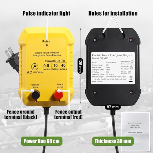 Electric Fence Charger Set 10 Mile 110VAC 0.5 Joule Electric Plug in Fence to Contain Chickens Pet Poultry 50 Black Insulator and 1 Socket Tool 250ft Aluminum Wire for Garden Pond Protection - style: 0.5 Joule