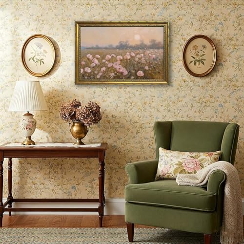 DR.RiftArt Vintage Flower Pink Landscape Wall Art Floral Wall Decor | Pastel Wildflower Rustic Farmhouse Canvas Picture Painting Print for Bedroom Living Room Office 16x24 inch Gold Framed - color: Pink Wildflower, size: 24"L x 16"W