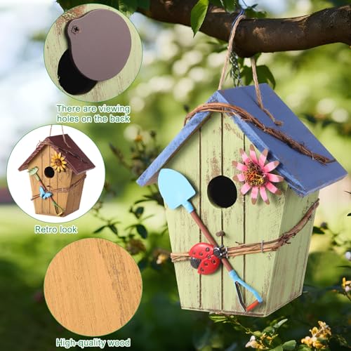 DoubleFill 2 Pcs Birdhouses for Outdoor Hanging Yard Outside Wooden Birdhouse Hand Painted Bird Box for Bird Lovers Bluebird Tree Garden Decor Decorative Birdhouse(Bright Color,Wooden Roof) - color: Bright Color, size: Wooden Roof