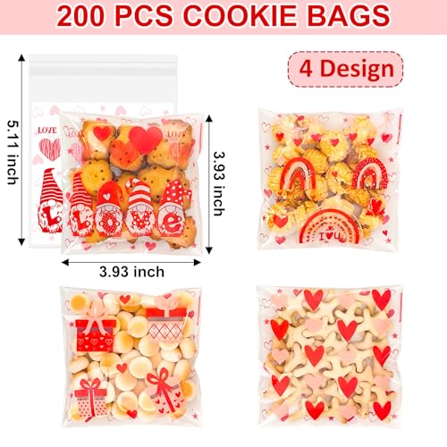 Mother's Day Cookie Bags - 200PCS 4x4 In Red Heart Self-Sealing Cellophane Treat Bags for Candy Gifts, Small Jewelry, Clear Self-Adhesive Goodie Bags for Mother’s Day, Birthday, Party Favors - 2.8 Mil - color: Red Heart 200pcs