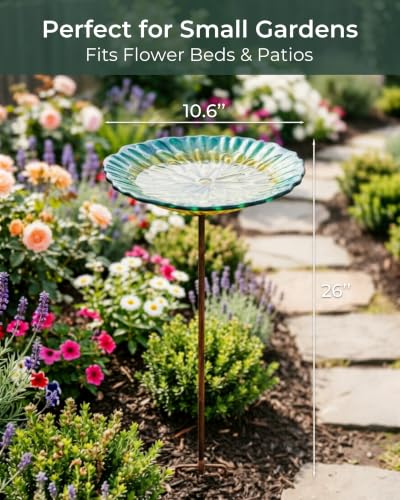Glass Bird Bath Small Birdbath for Garden Decor, Yellow | 10.6" Bowl, 26" Height 4-Prong Stable Stake Easy to Clean Outdoor Bath or Feeder for Hummingbirds & Small Birds, Handcrafted