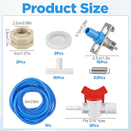 16 Set Automatic Rabbit Watering System Kit,ID 5/16" Hose 16 PCS Nipple Drinkers,Barb Fittings to G1/2" Thread Connectors, Bunny Rabbit Waterer Kit T-Fittings Springs,Gaskets,Bucket Connector